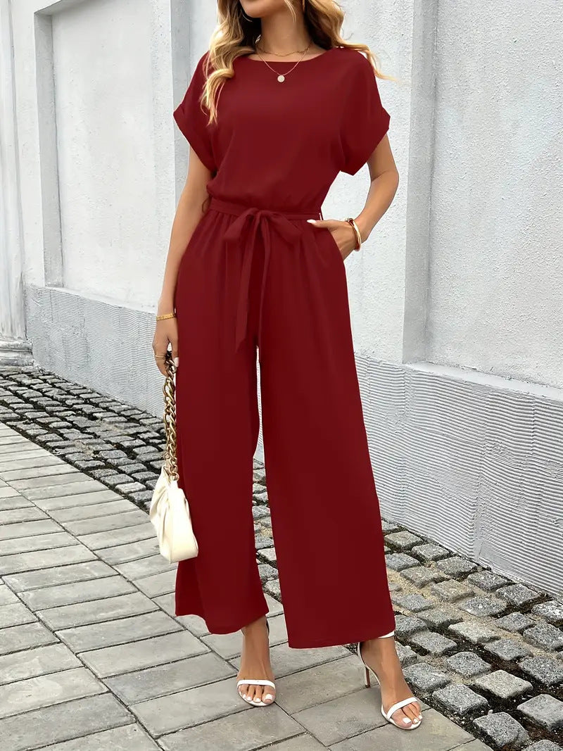 Women's Elegant Wide-Leg Jumpsuit with Tie Waist and Pockets