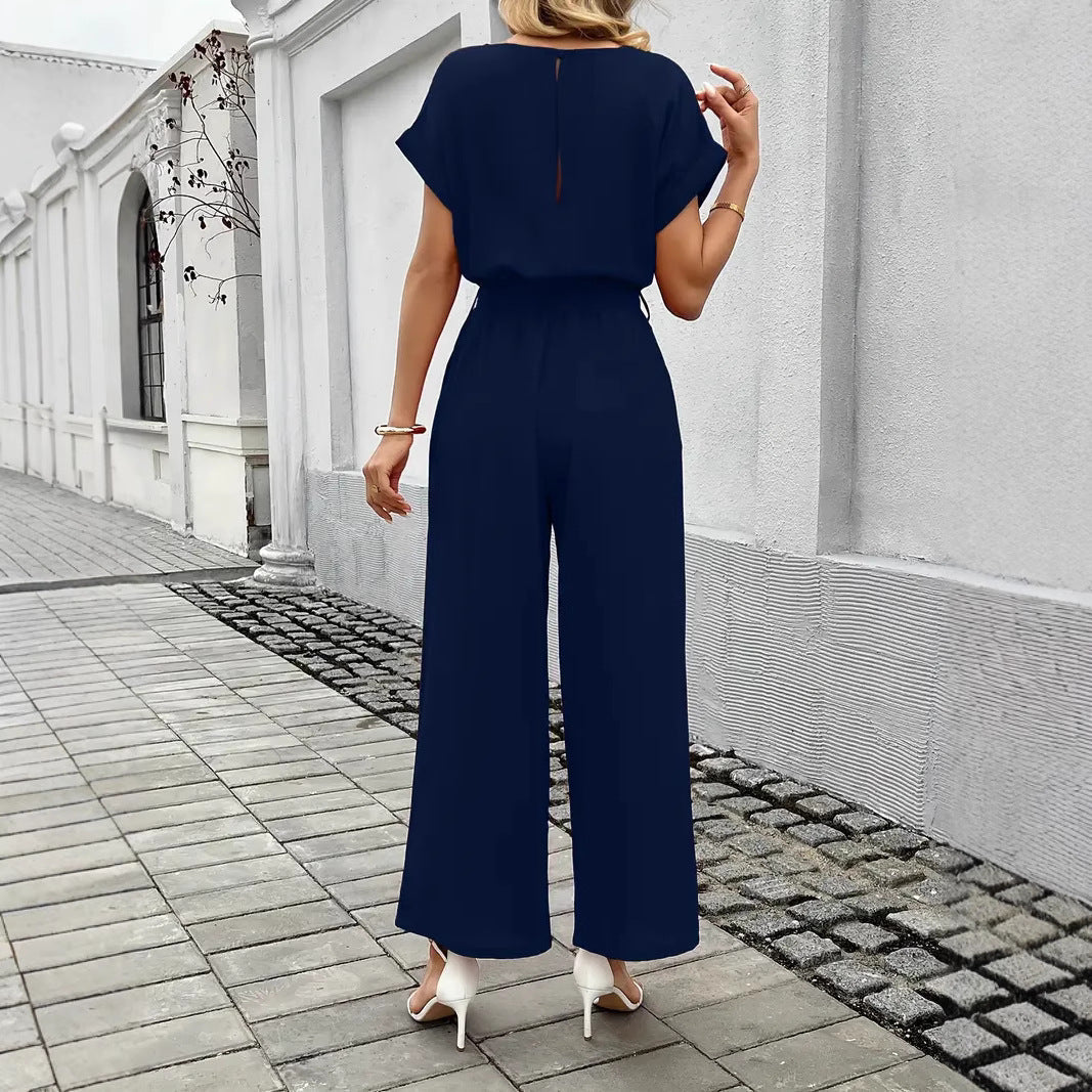 Women's Elegant Wide-Leg Jumpsuit with Tie Waist and Pockets