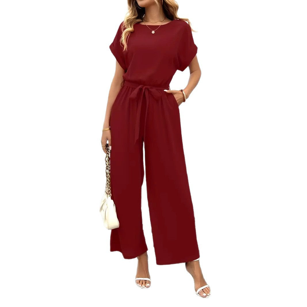 Women's Elegant Wide-Leg Jumpsuit with Tie Waist and Pockets
