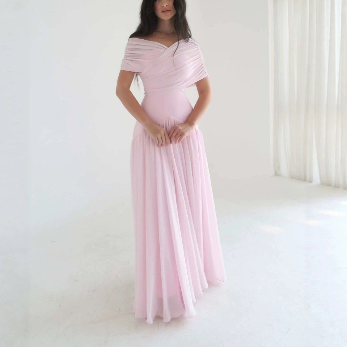 Women's Elegant Wrap-Style Maxi Dress with Sheer Sleeves