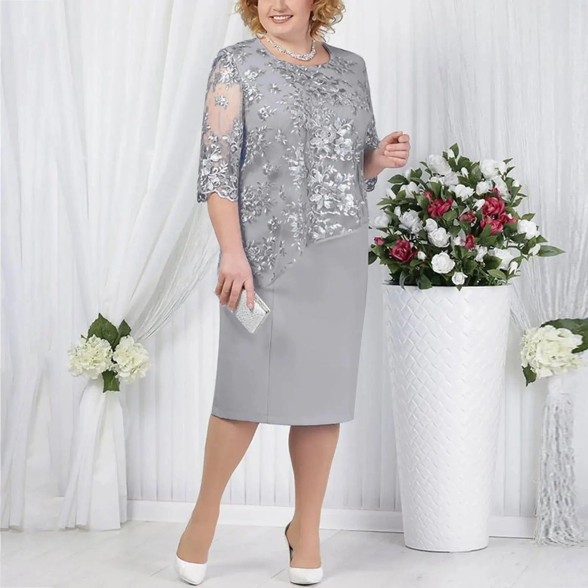 Women's Embroidered Lace Midi Dress with Three-Quarter Sleeves