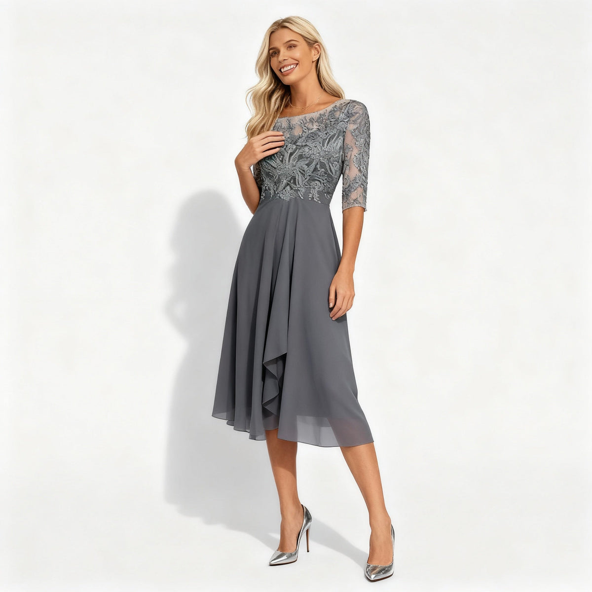 Women's Feminine Chiffon Midi Dress with Flowing Drape