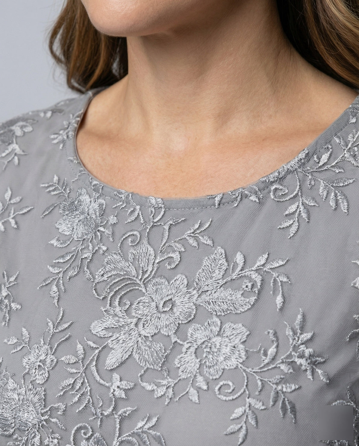 Women's Fitted Lace Midi Dress with 3/4 Sleeves, Illusion Neckline and Floral Embroidery