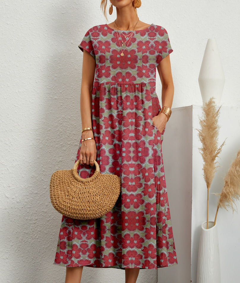 Women's Floral A-Line Midi Dress with Pockets