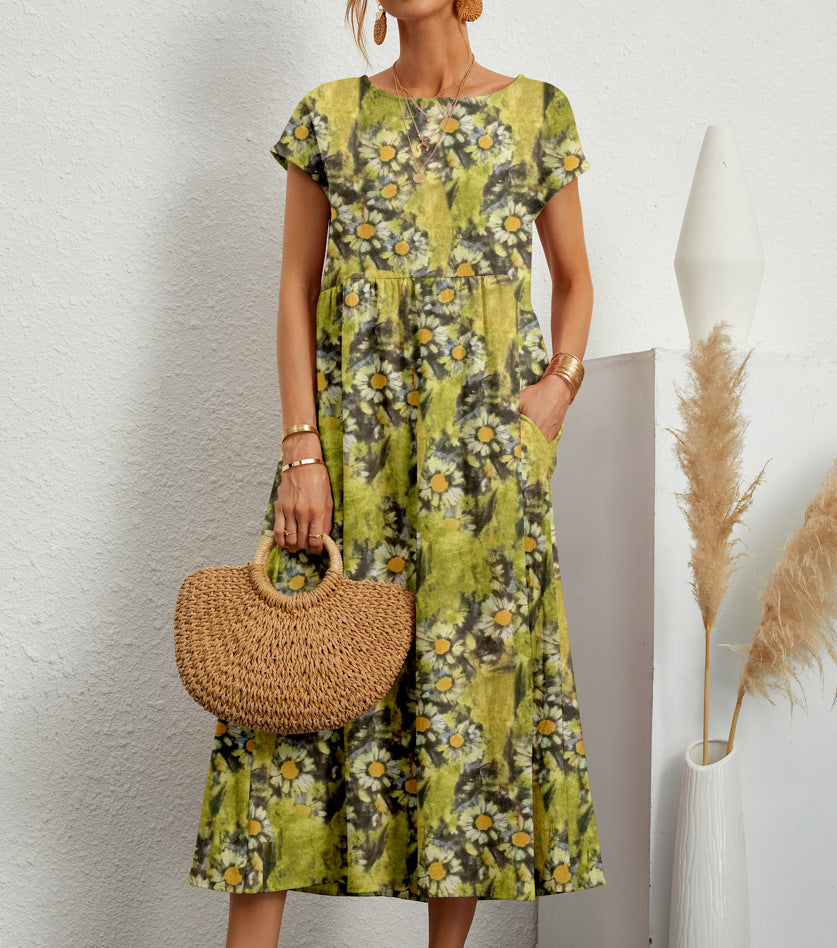 Women's Floral A-Line Midi Dress with Pockets