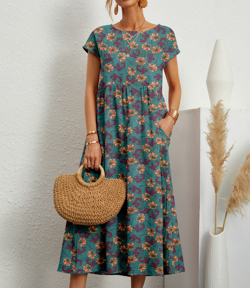 Women's Floral A-Line Midi Dress with Pockets