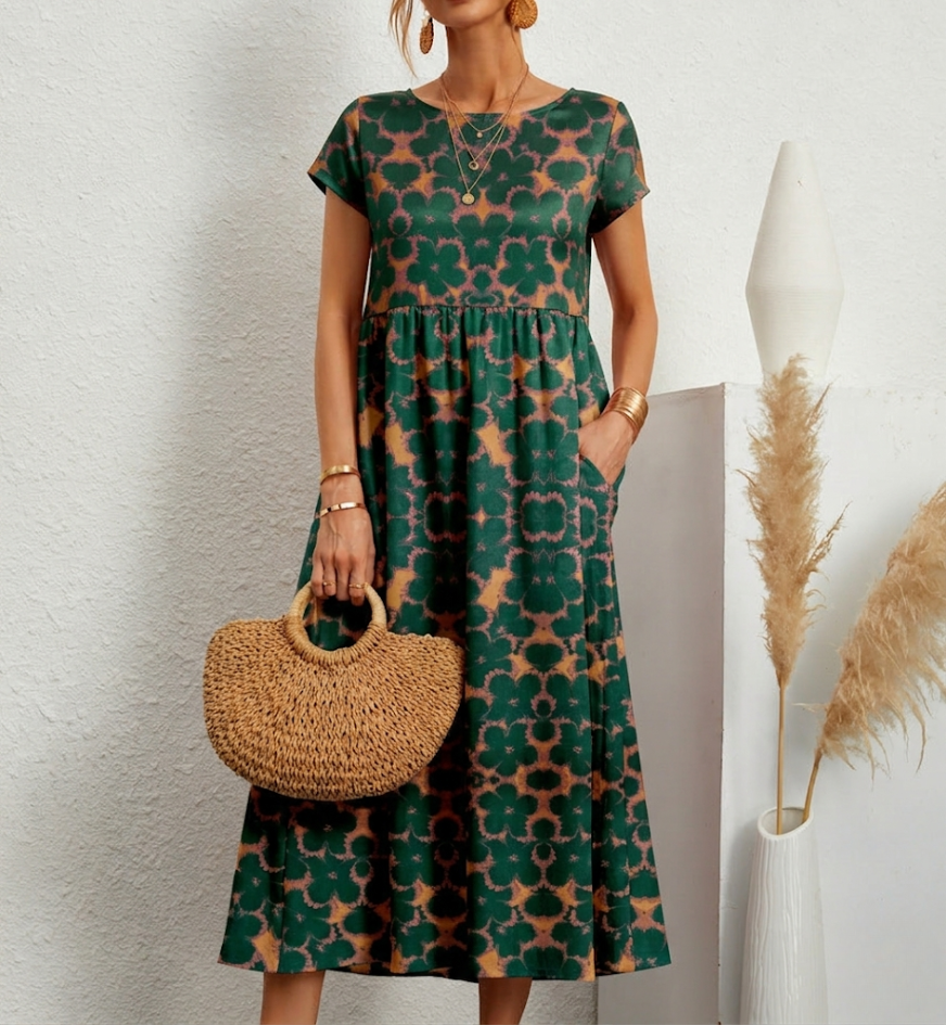 Women's Floral A-Line Midi Dress with Pockets
