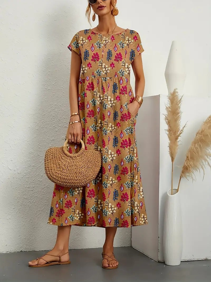 Women's Floral A-Line Midi Dress with Pockets