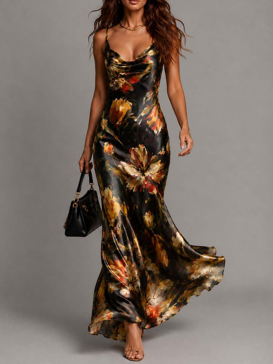 Women's Floral Cowl Neck Maxi Dress with Spaghetti Straps