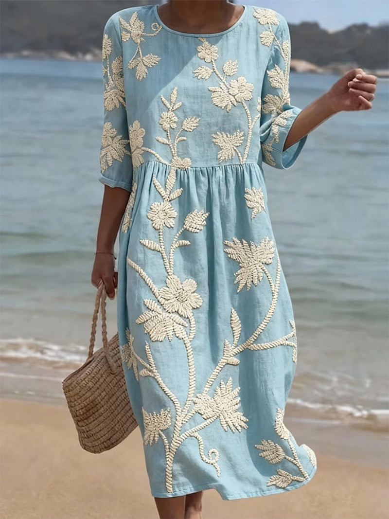 Women's Floral Embroidered Three-Quarter Sleeve Midi Dress
