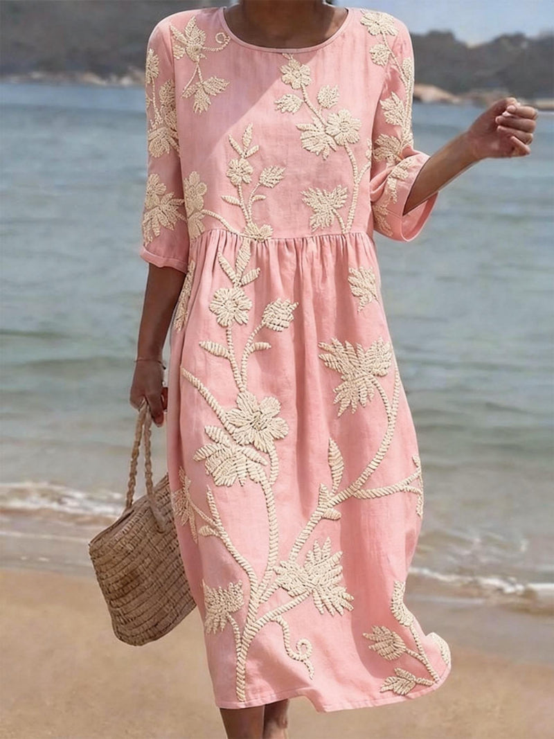 Women's Floral Embroidered Three-Quarter Sleeve Midi Dress