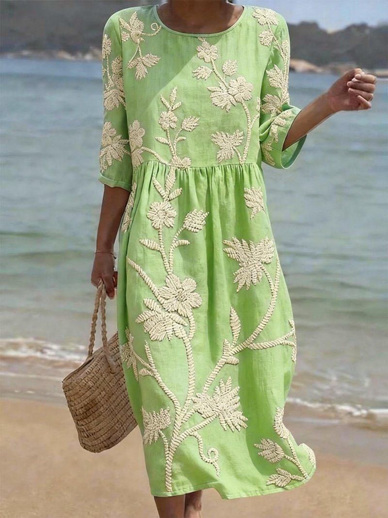 Women's Floral Embroidered Three-Quarter Sleeve Midi Dress