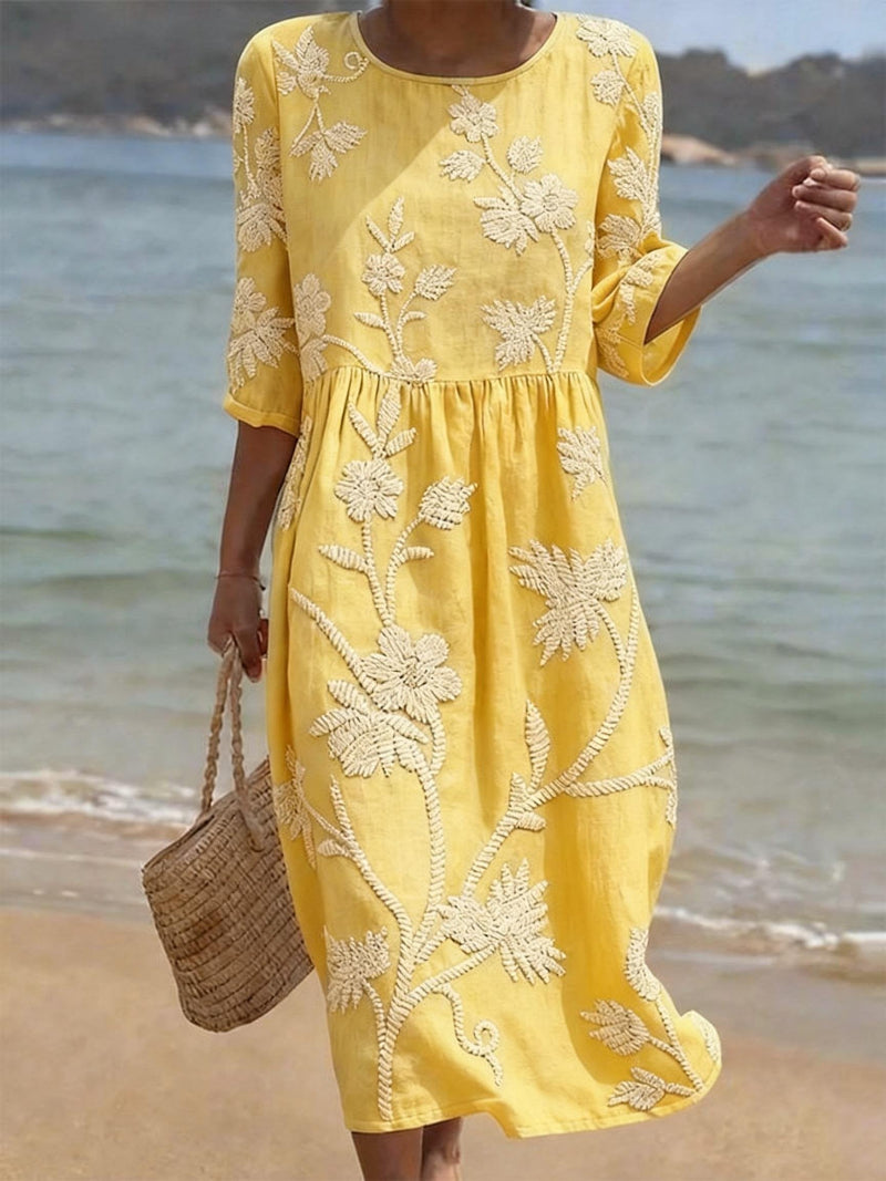 Women's Floral Embroidered Three-Quarter Sleeve Midi Dress