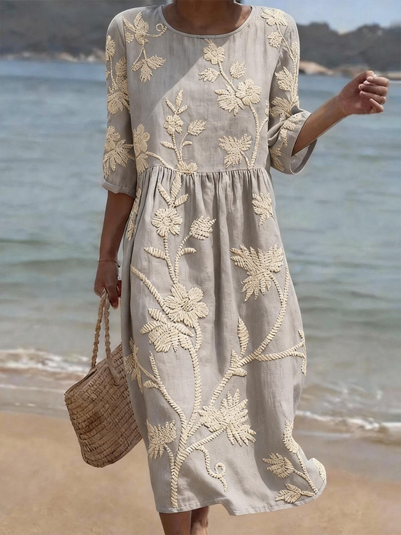 Women's Floral Embroidered Three-Quarter Sleeve Midi Dress