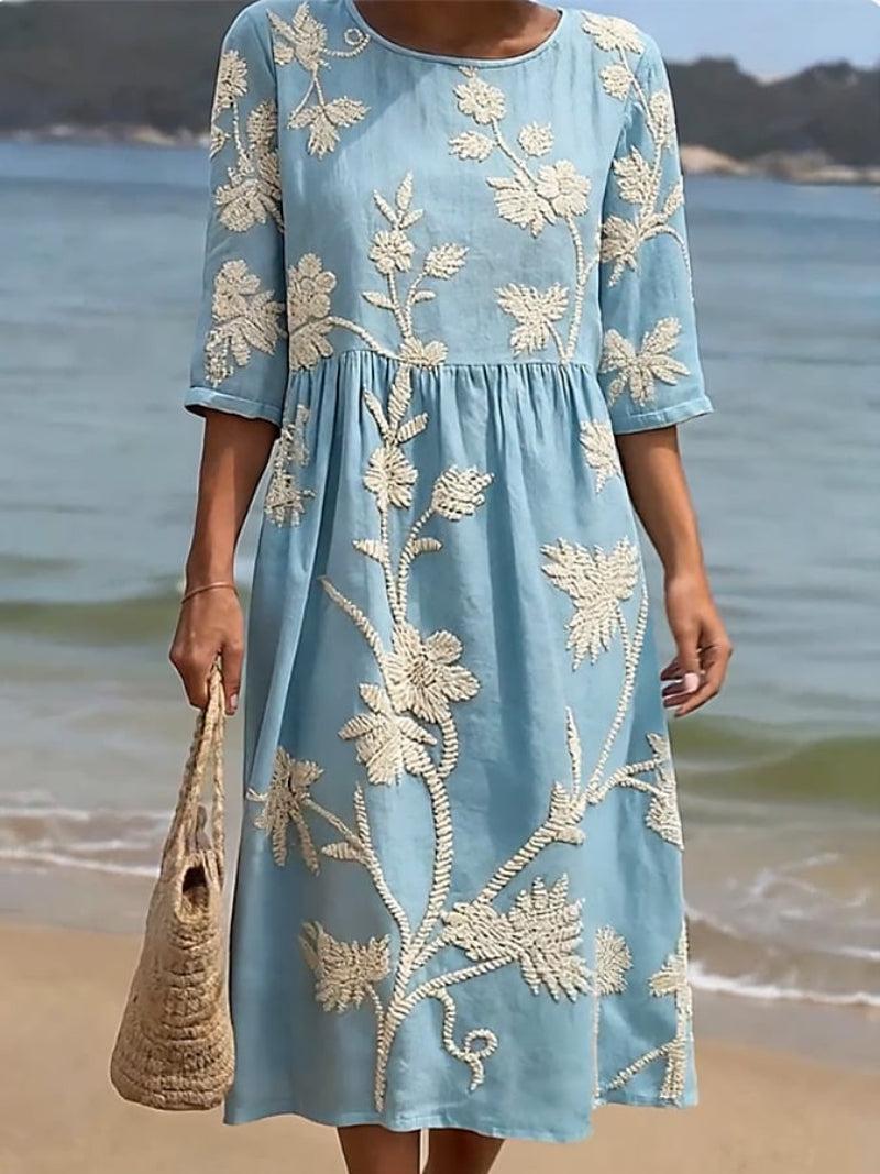 Women's Floral Embroidered Three-Quarter Sleeve Midi Dress