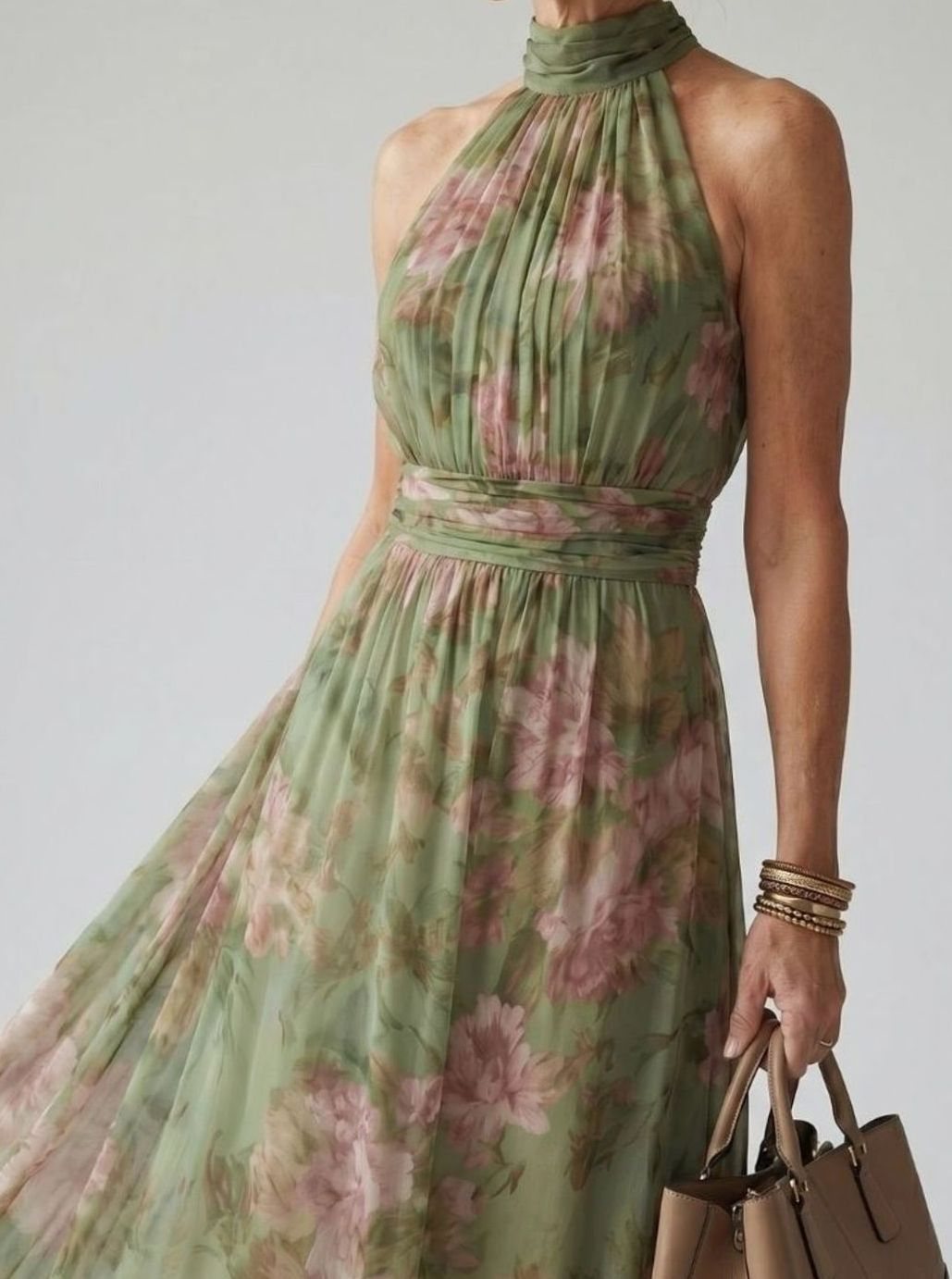 Women's Floral Gathered Halter Maxi Dress with Defined Waist