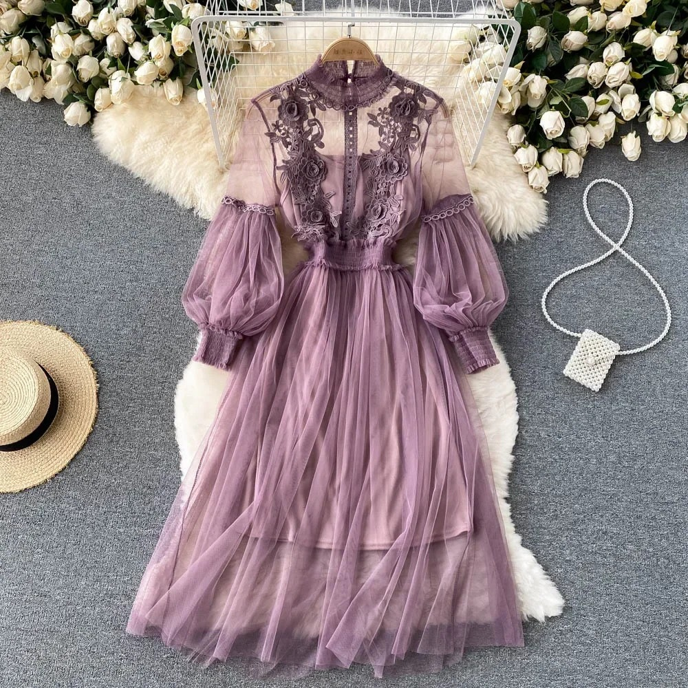 Women's Floral Midi Dress with Lantern Sleeves and Stand Collar for Summer Parties and Special Occasions