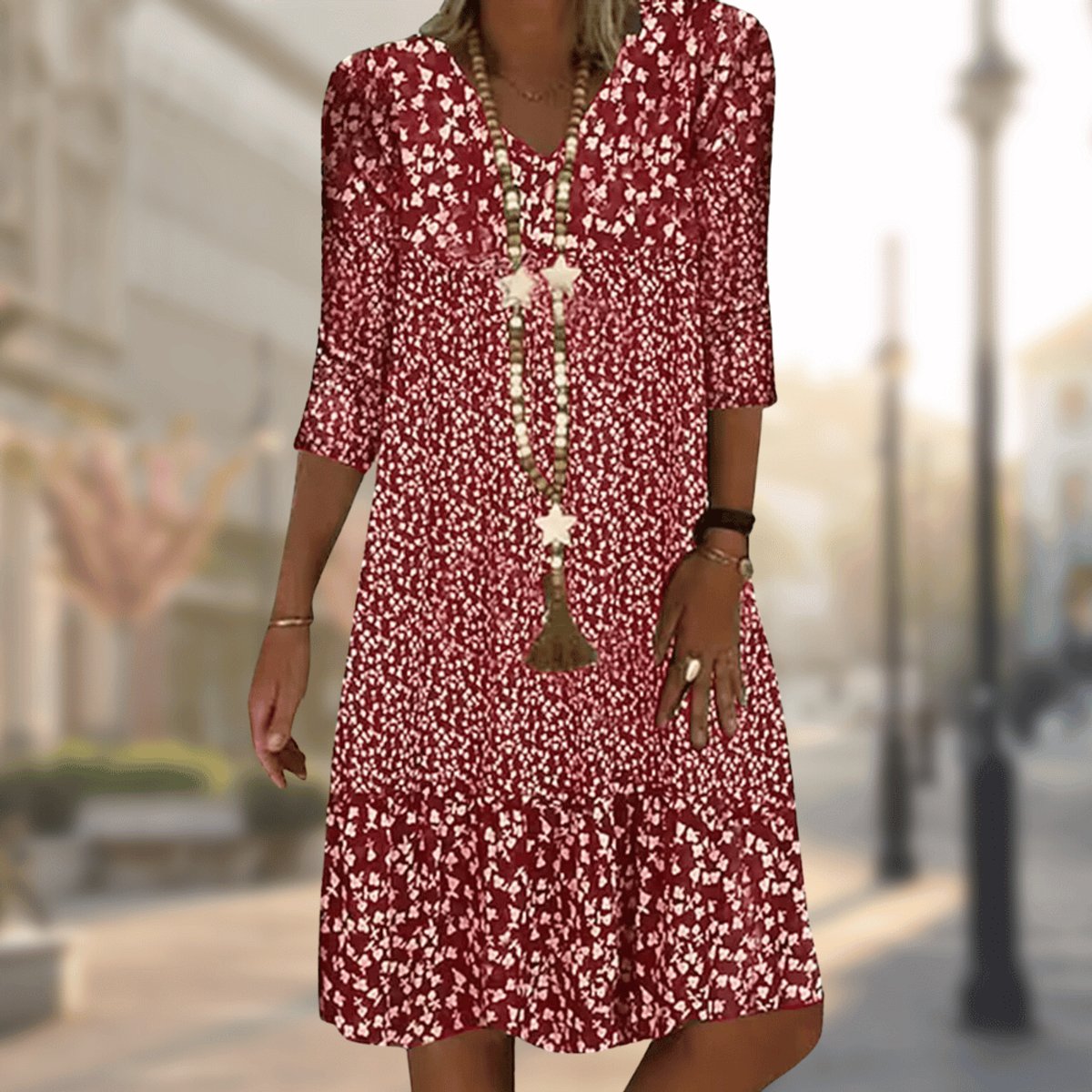 Women's Floral Print V-Neck 3/4 Sleeve Midi Swing Dress