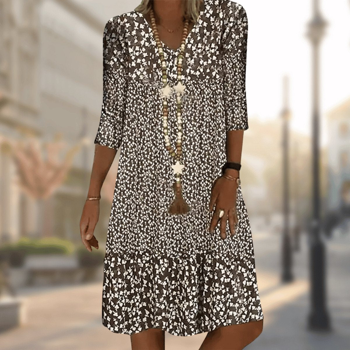 Women's Floral Print V-Neck 3/4 Sleeve Midi Swing Dress