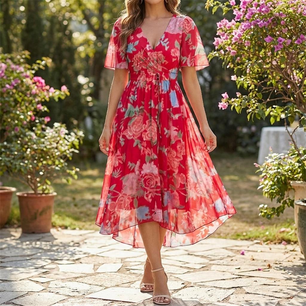 Women's Floral Ruched Midi Dress