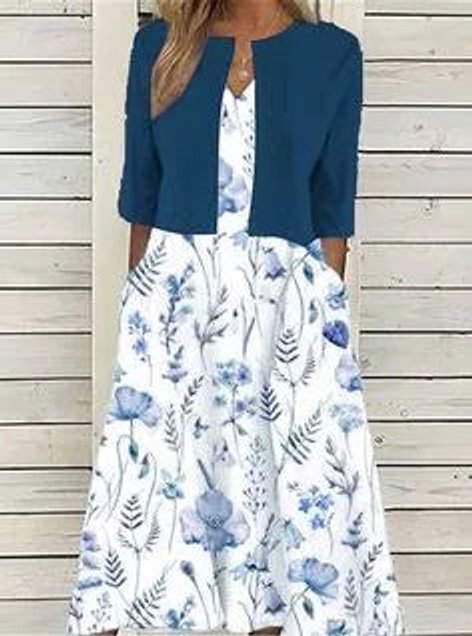 Women's Floral Two-Piece Midi Dress with 3/4 Sleeves and Round Neck