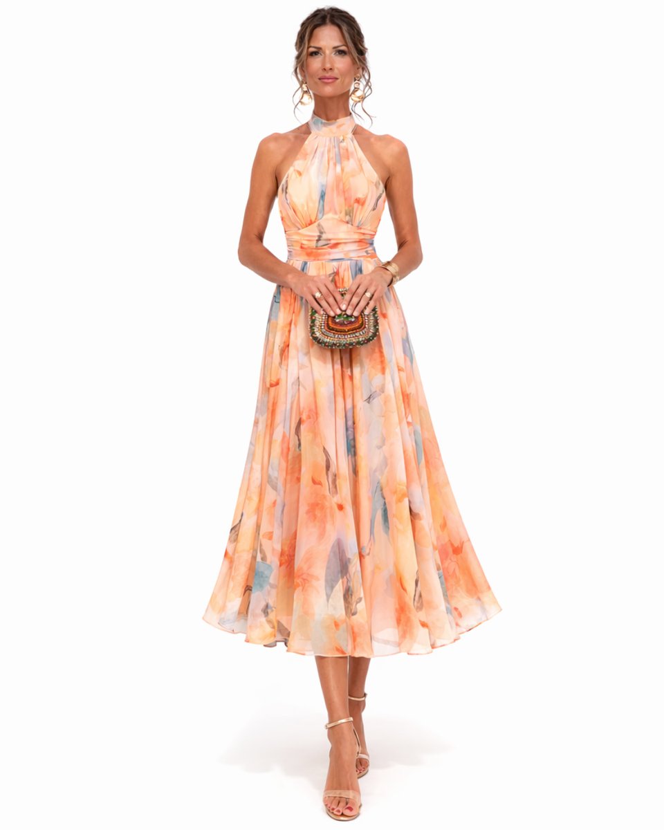 Women's Floral Watercolor Halter-Neck Chiffon Midi Dress