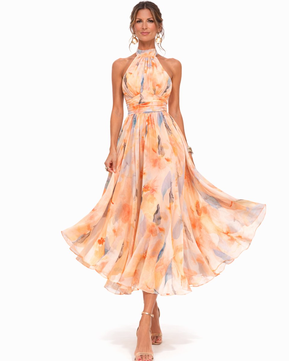 Women's Floral Watercolor Halter-Neck Chiffon Midi Dress