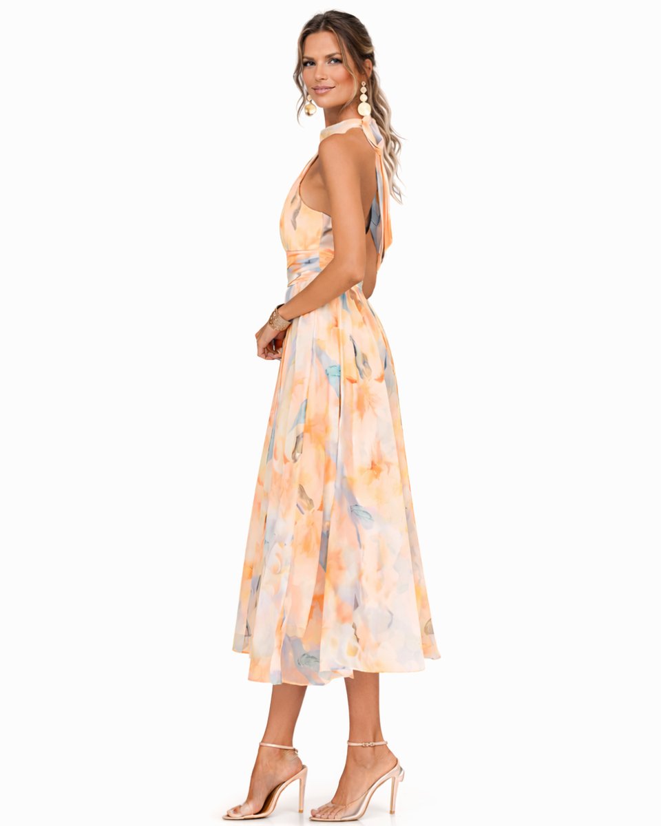 Women's Floral Watercolor Halter-Neck Chiffon Midi Dress