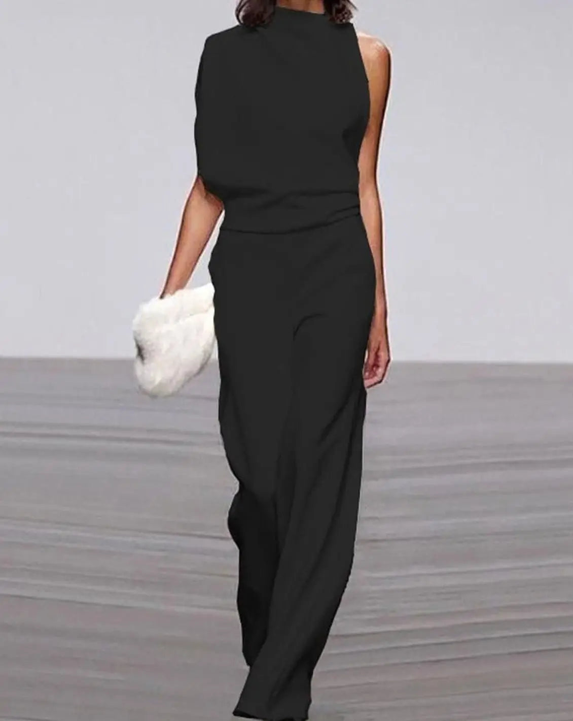 Women's Formal High-Neck Asymmetric Shoulder Wide-Leg Jumpsuit