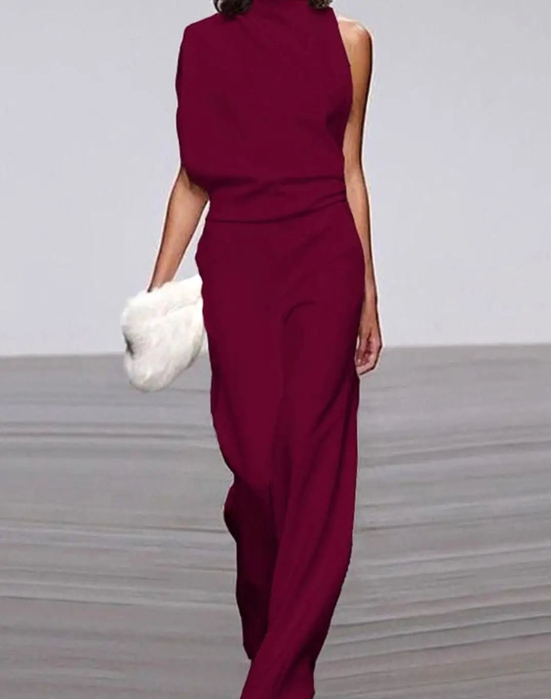 Women's Formal High-Neck Asymmetric Shoulder Wide-Leg Jumpsuit