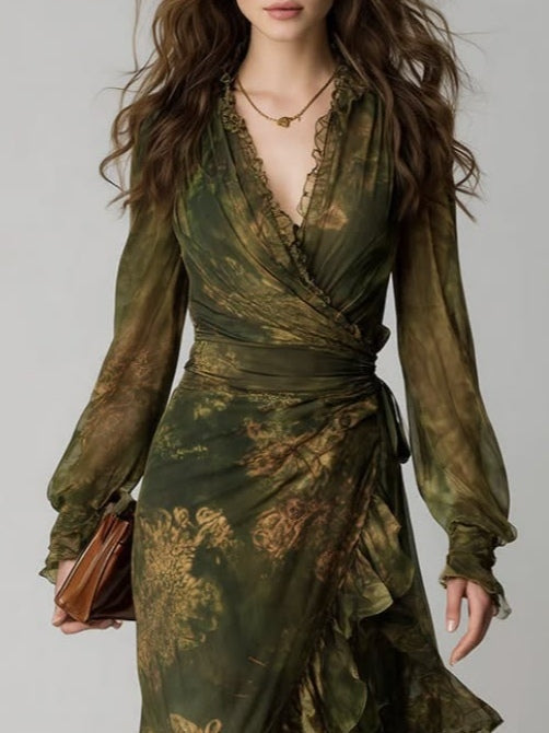 Women's Green Floral V-Neck Wrap Maxi Dress with Ruffle Hem
