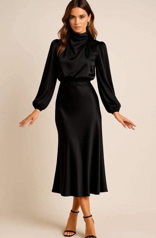 Women's High-Waist Satin Long-Sleeve Mock-Neck Midi Dress