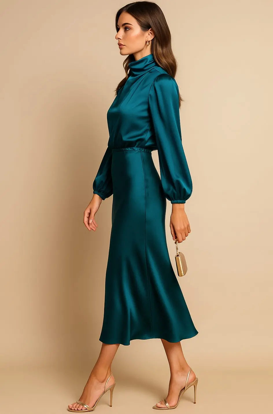 Women's High-Waist Satin Long-Sleeve Mock-Neck Midi Dress