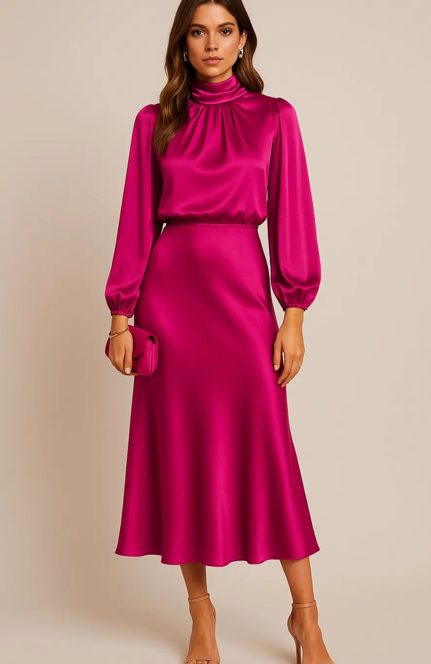 Women's High-Waist Satin Long-Sleeve Mock-Neck Midi Dress