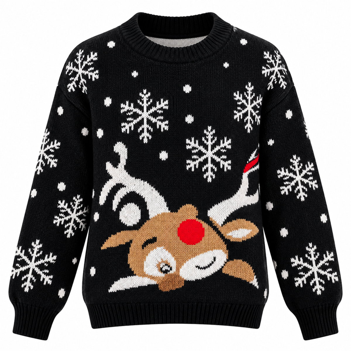 Women's Knitted Christmas Sweater | Reindeer Motif & Snowflake Pattern | Relaxed Fit, Drop Shoulders & Crew Neck