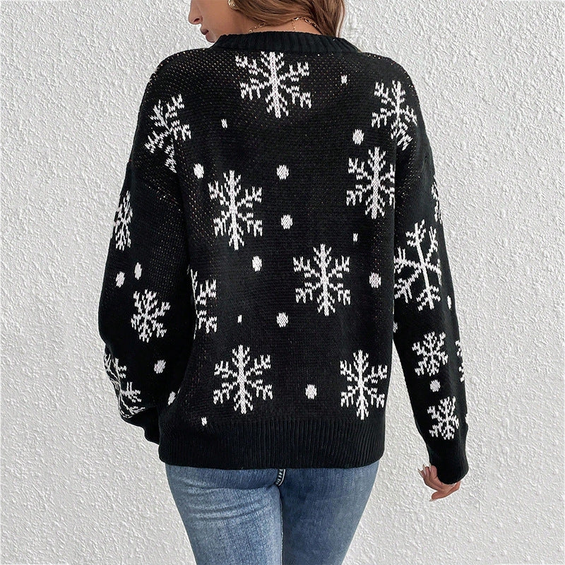 Women's Knitted Christmas Sweater | Reindeer Motif & Snowflake Pattern | Relaxed Fit, Drop Shoulders & Crew Neck