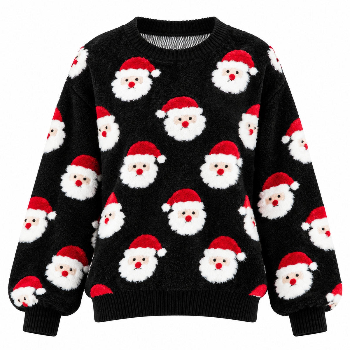 Women's Knitted Christmas Sweater with All-Over Santa Pattern, Relaxed Fit and Crew Neck for Christmas and Winter Outfits