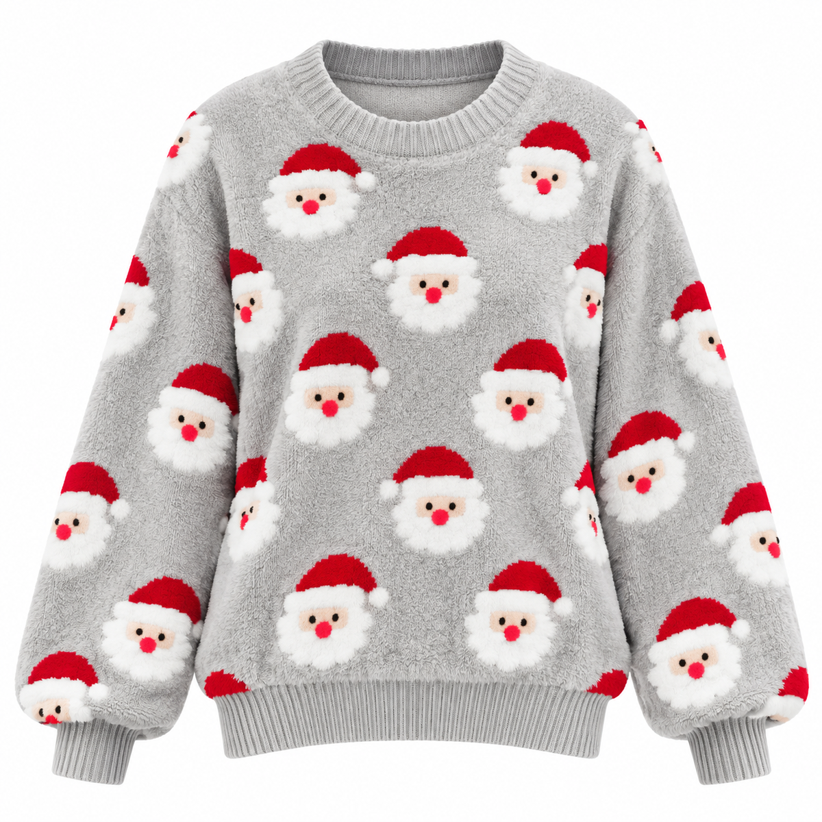 Women's Knitted Christmas Sweater with All-Over Santa Pattern, Relaxed Fit and Crew Neck for Christmas and Winter Outfits
