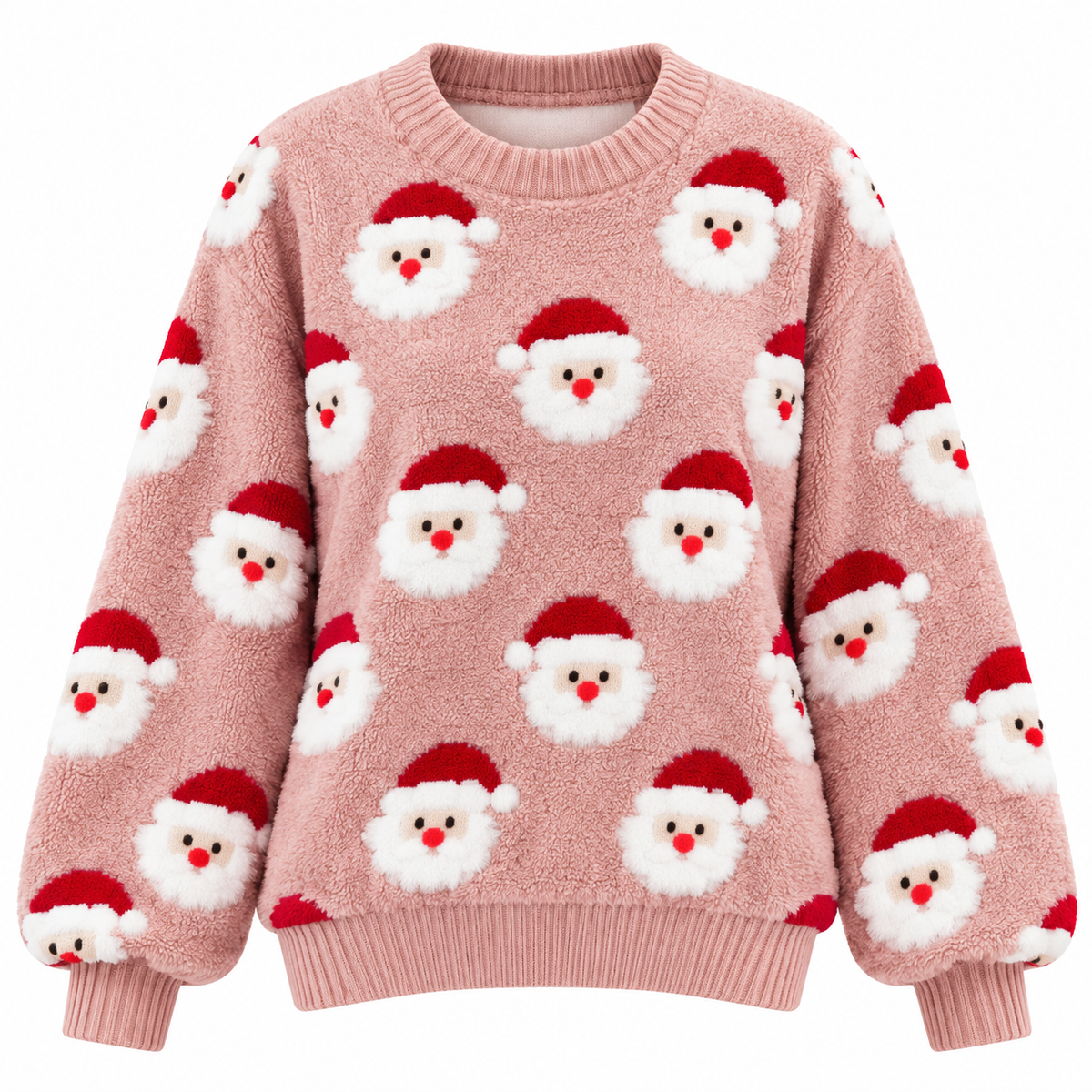 Women's Knitted Christmas Sweater with All-Over Santa Pattern, Relaxed Fit and Crew Neck for Christmas and Winter Outfits