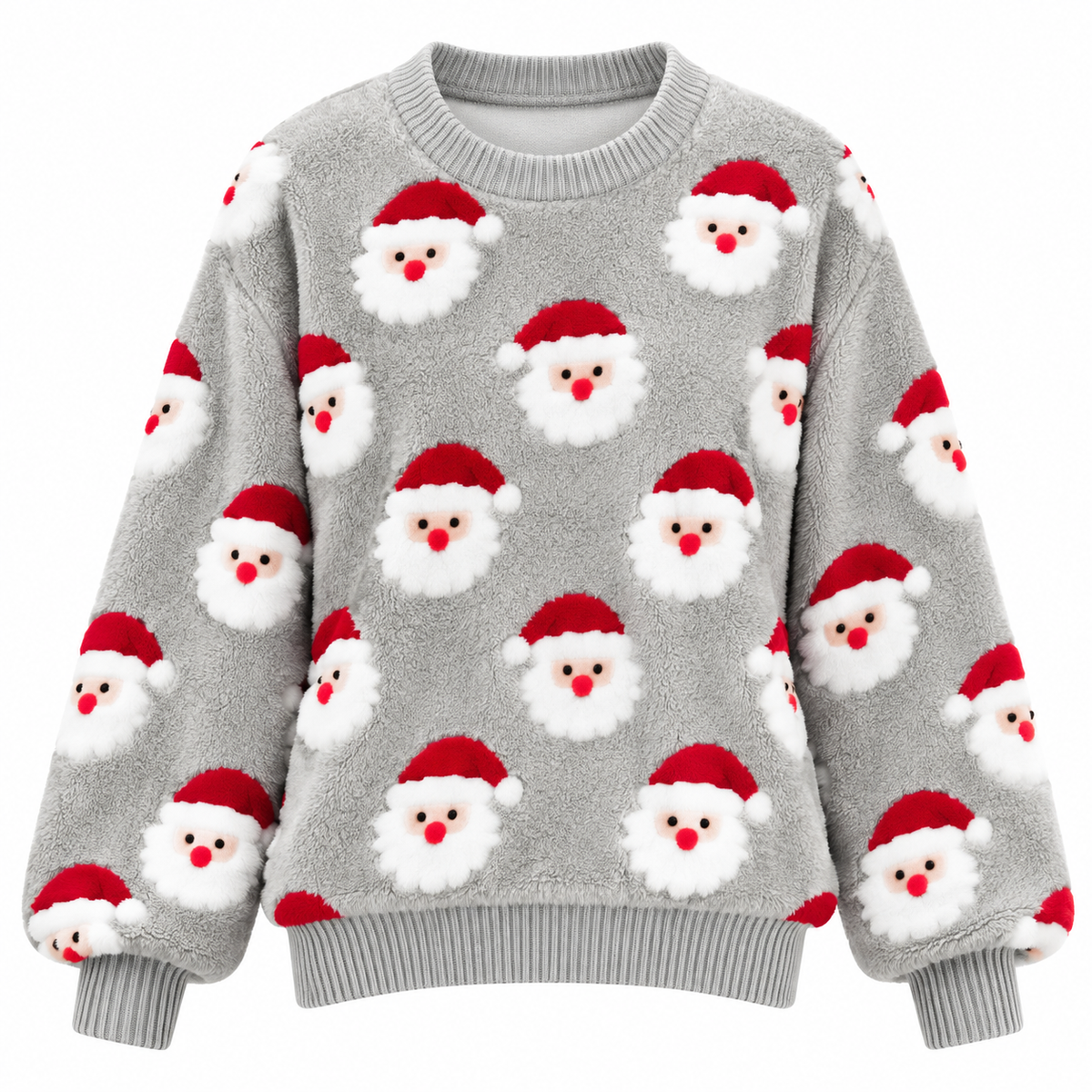 Women's Knitted Christmas Sweater with All-Over Santa Pattern, Relaxed Fit and Crew Neck for Christmas and Winter Outfits