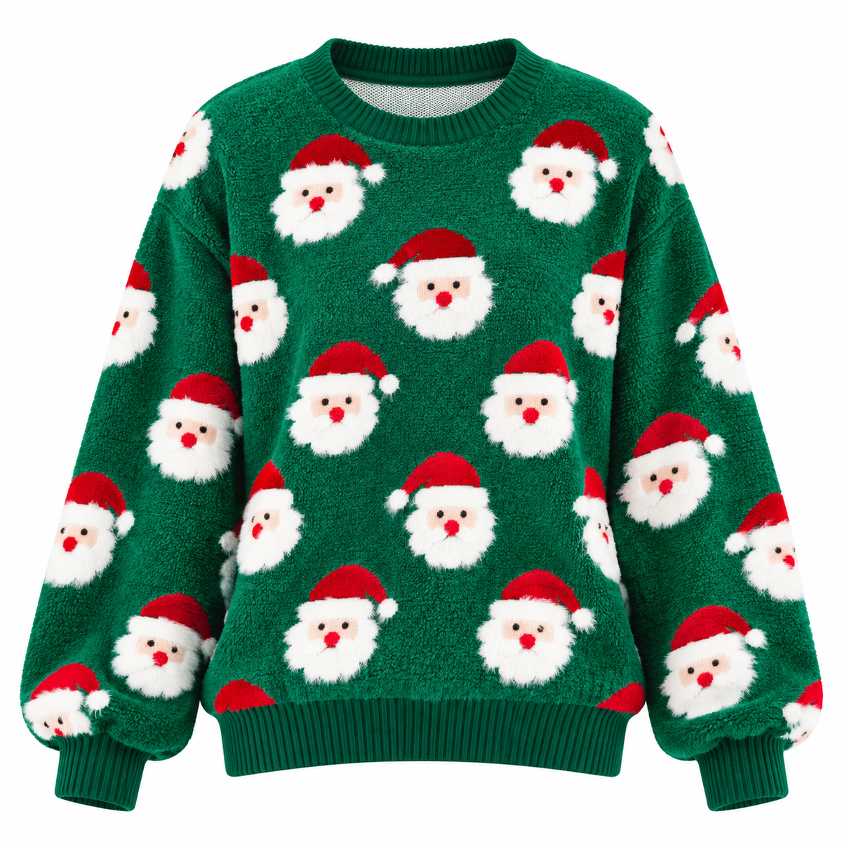 Women's Knitted Christmas Sweater with All-Over Santa Pattern, Relaxed Fit and Crew Neck for Christmas and Winter Outfits