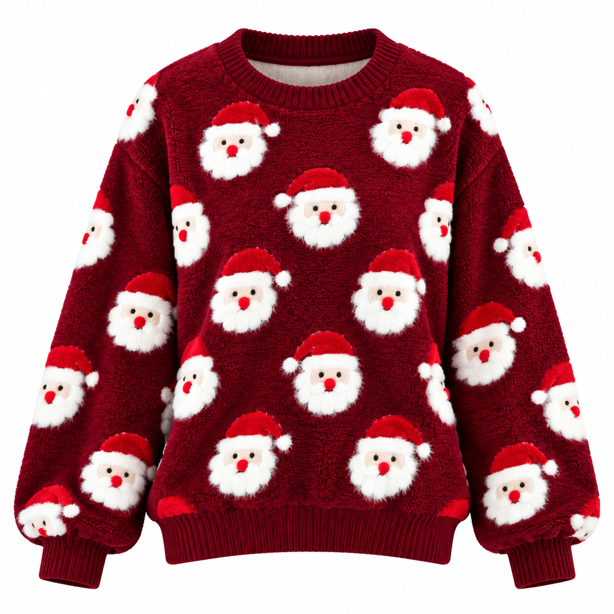 Women's Knitted Christmas Sweater with All-Over Santa Pattern, Relaxed Fit and Crew Neck for Christmas and Winter Outfits