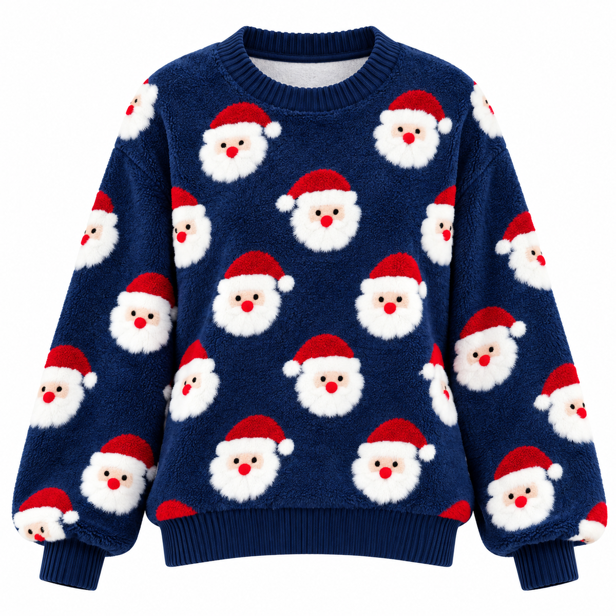 Women's Knitted Christmas Sweater with All-Over Santa Pattern, Relaxed Fit and Crew Neck for Christmas and Winter Outfits