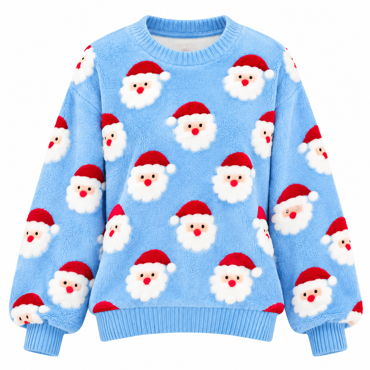 Women's Knitted Christmas Sweater with All-Over Santa Pattern, Relaxed Fit and Crew Neck for Christmas and Winter Outfits