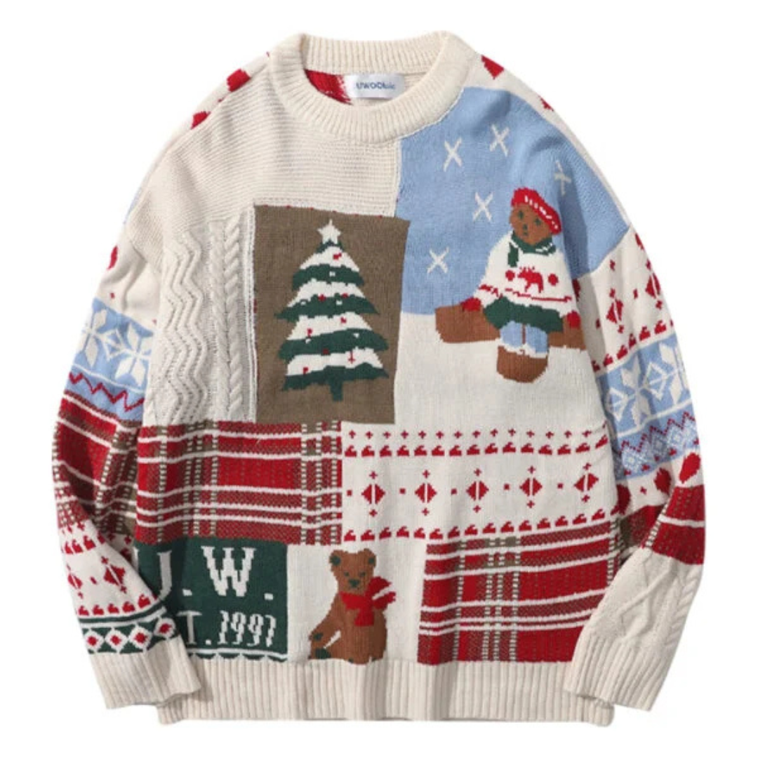 Women's Knitted Christmas Sweater with Bear Pattern, Cozy Knitwear