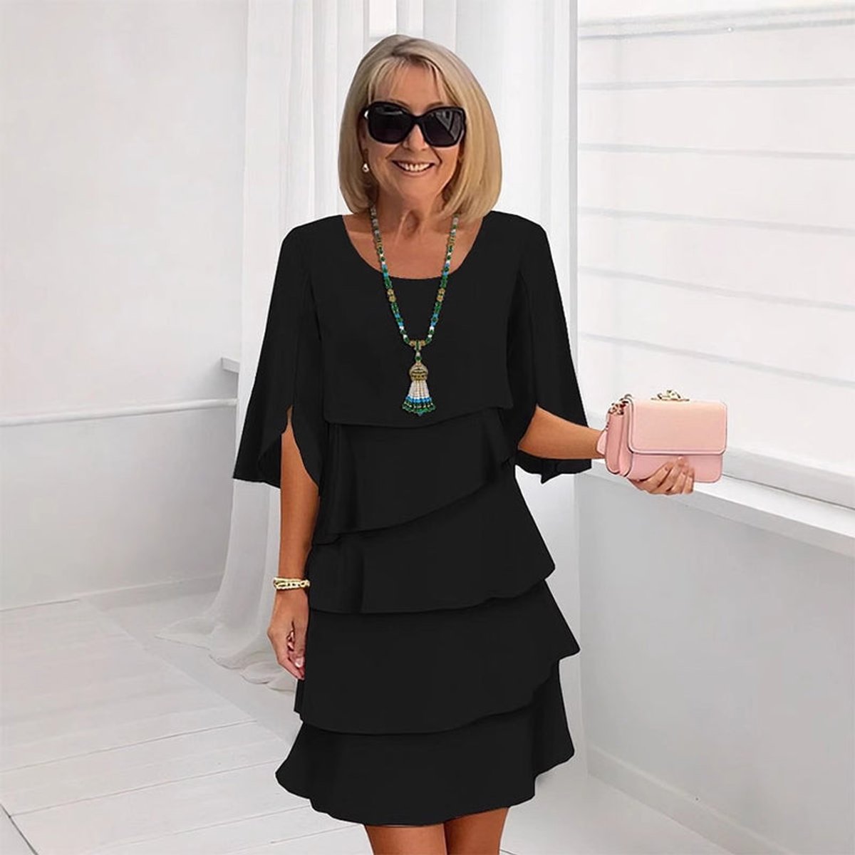Women's Layered Ruffle-Sleeve Midi Dress