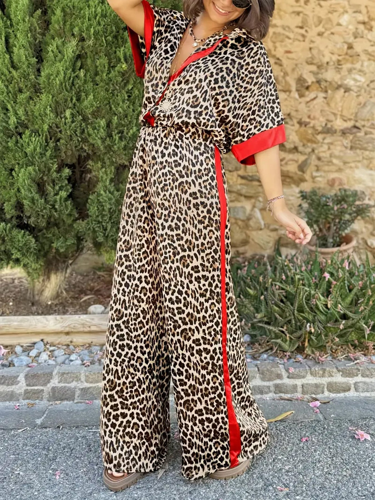 Women's Leopard-Print Wide-Leg V-Neck Jumpsuit