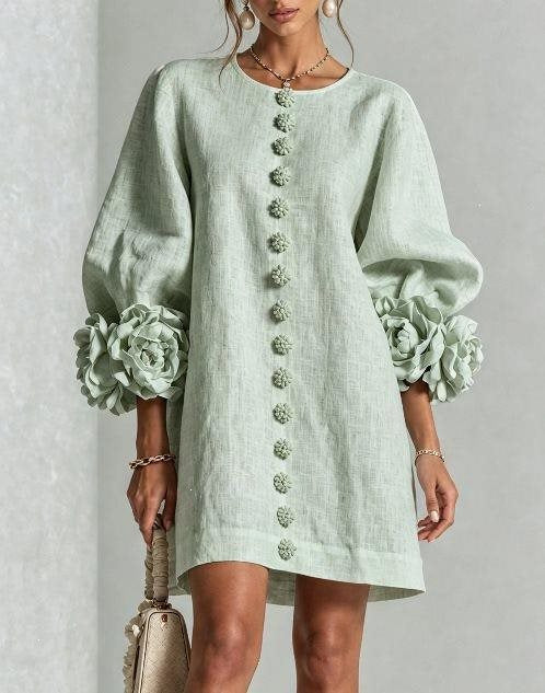 Women's Linen Mini Dress with 3D Flower Sleeves, Button Front and Pockets