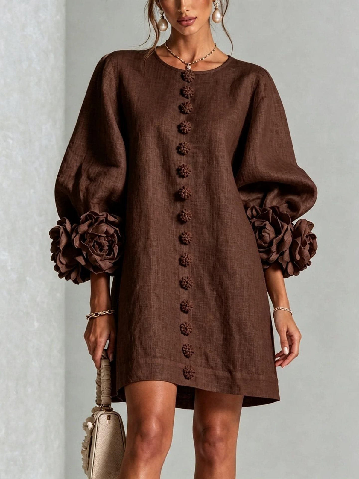Women's Linen Mini Dress with 3D Flower Sleeves, Button Front and Pockets