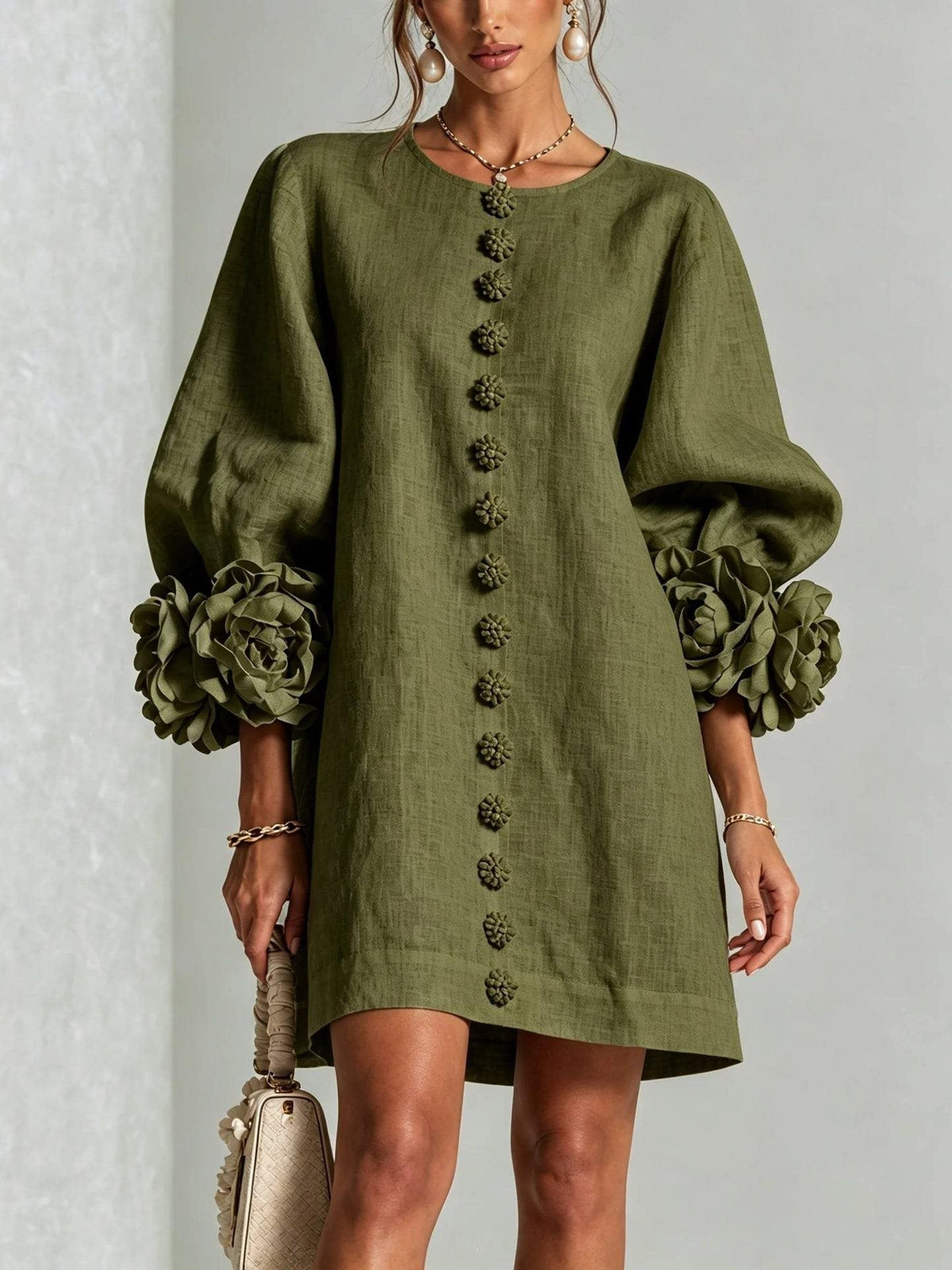 Women's Linen Mini Dress with 3D Flower Sleeves, Button Front and Pockets
